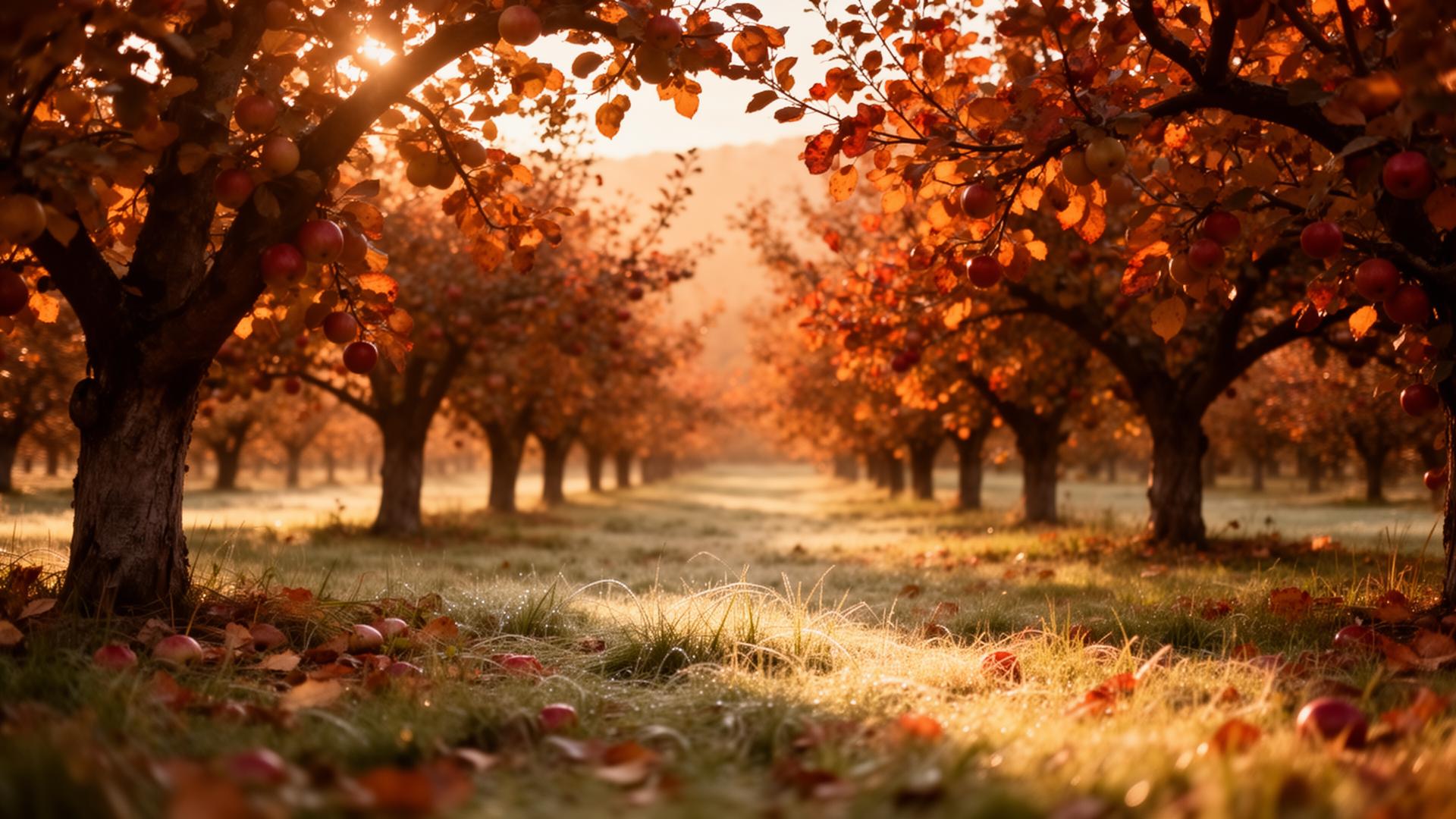 Autumn-orange apple orchard in golden evening light